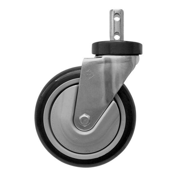 A black and silver R&B Wire Products, Inc. caster wheel.
