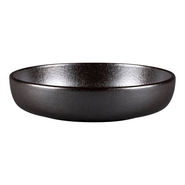 A black RAK Porcelain round porcelain plate with a metallic finish.