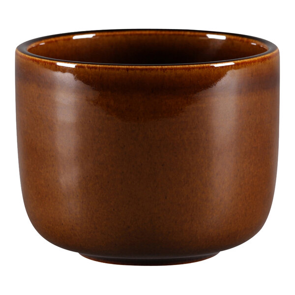 A brown porcelain bowl with a white background.