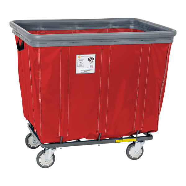 A red R&B Wire laundry cart with swivel casters.