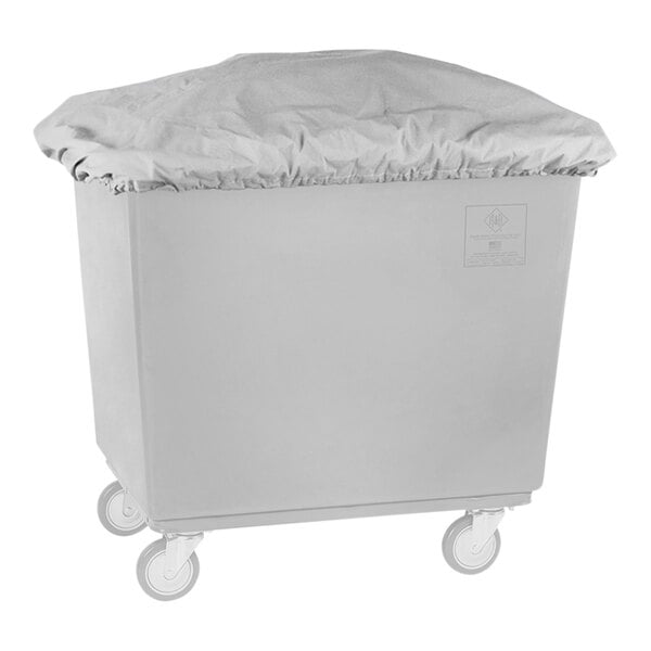 A large grey container with a grey vinyl cover on wheels.