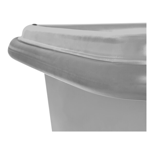 A gray polypropylene R&B Wire Products bumper truck with a lid.