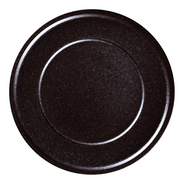 A black RAK Porcelain flat porcelain plate with a rim.