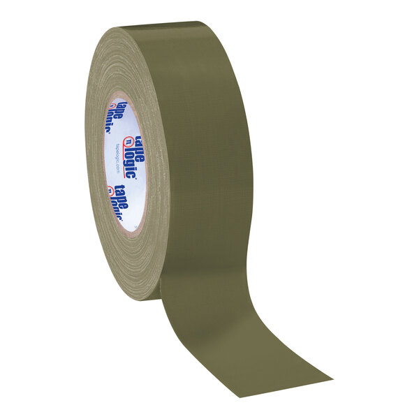 A roll of Tape Logic olive green duct tape with a white label.