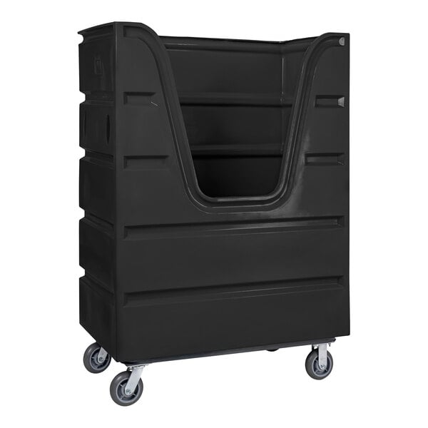 A black plastic container with wheels.