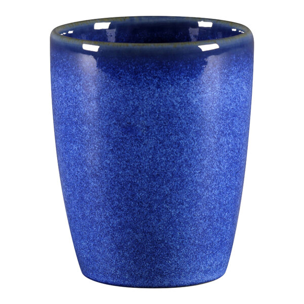 A cobalt blue porcelain cup with no handle.