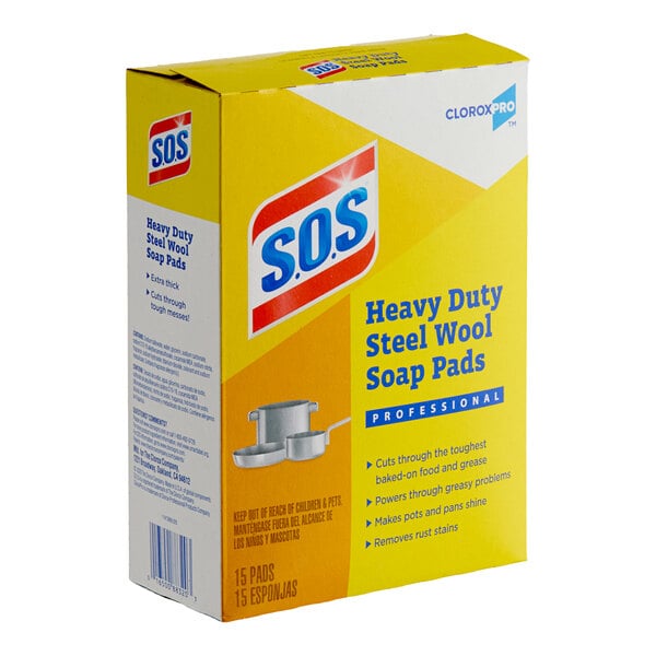 A box of Clorox S.O.S heavy-duty steel wool soap pads containing 15 pads.