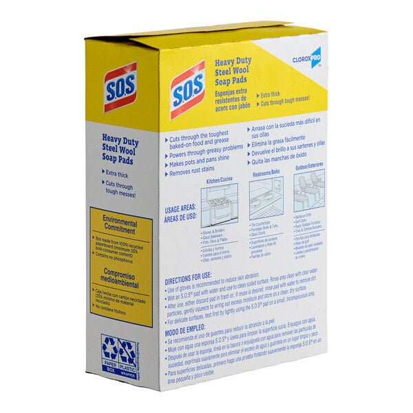 A box of Clorox S.O.S heavy-duty steel wool soap pads.