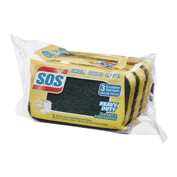 A package of Clorox S.O.S heavy-duty scrubber sponges with yellow and green sponges.