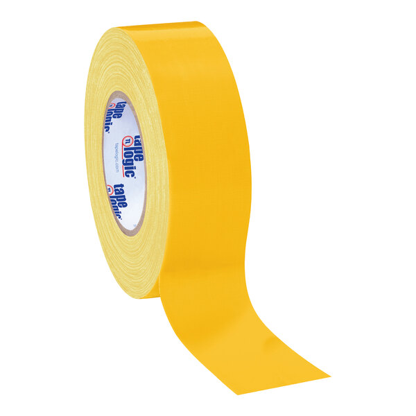 A close up of a roll of yellow Tape Logic duct tape with white labels.