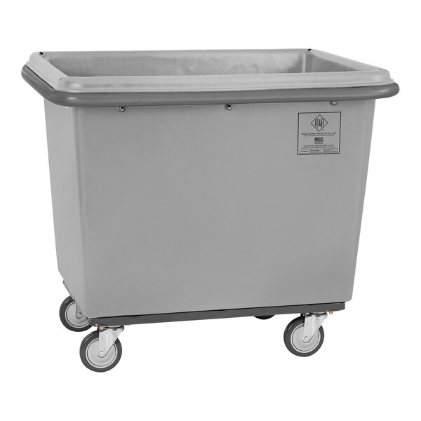 A grey plastic container with wheels.