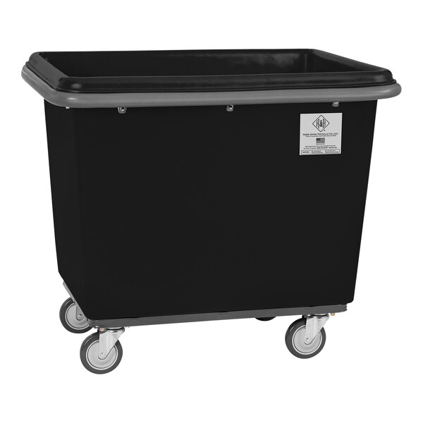 A black R&B Wire laundry cart with wheels.