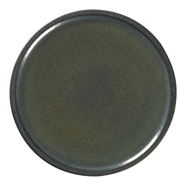 A close-up of a dark green RAK Porcelain plate with a black rim.