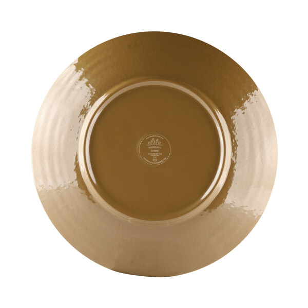 A brown Elite Global Solutions round plate with a white circular design.