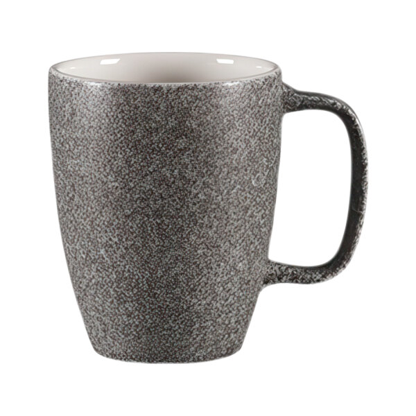 A close-up of a RAK Porcelain mug with a gray exterior and black handle.