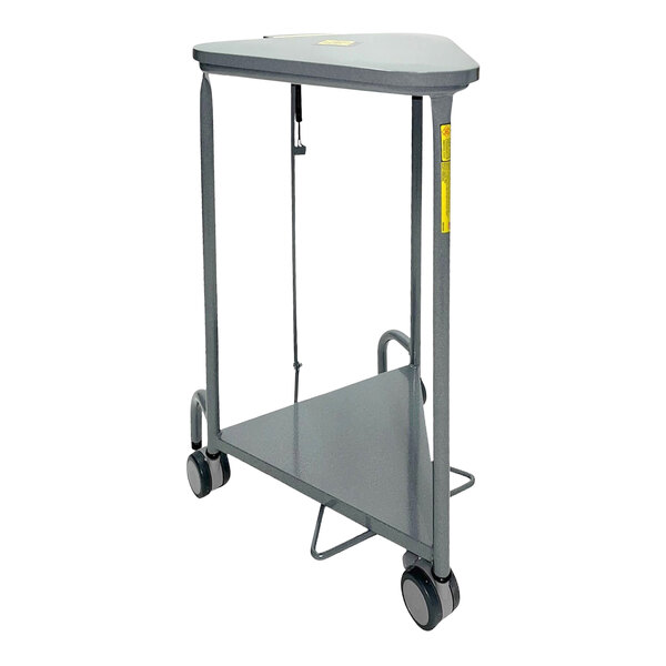 A grey triangular hamper with wheels.
