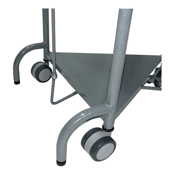 A gray powder coated metal triangular hamper with wheels.