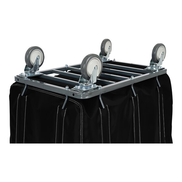 A black and silver metal R&B Wire laundry basket truck with swivel casters.