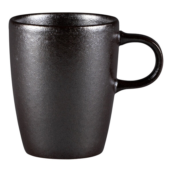 A black RAK Porcelain Forge coffee cup with a handle.