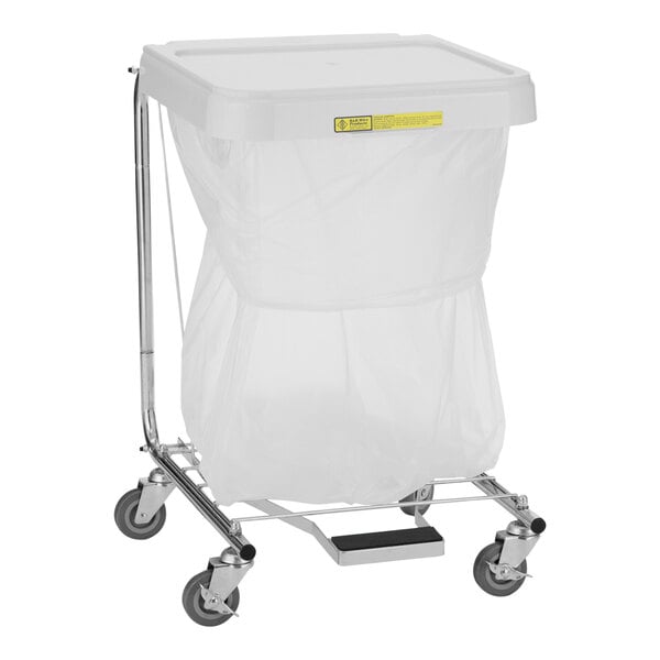 A white plastic hamper on wheels.