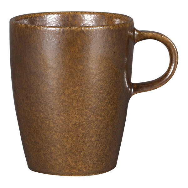 A brown RAK Porcelain coffee cup with a handle.
