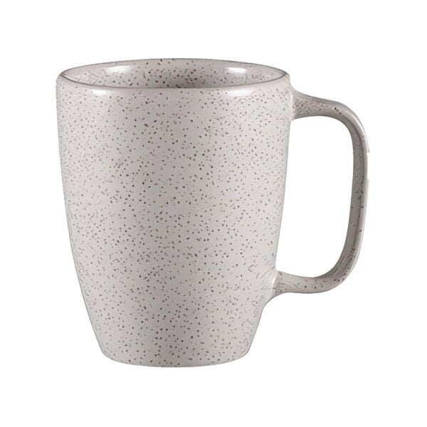 A case of 12 RAK Porcelain white speckled mugs with a handle.