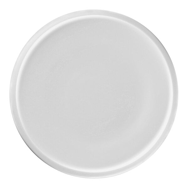 A close up of a RAK Porcelain white plate with a white border.