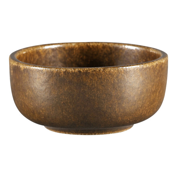 A brown porcelain ramekin with a brown rim.