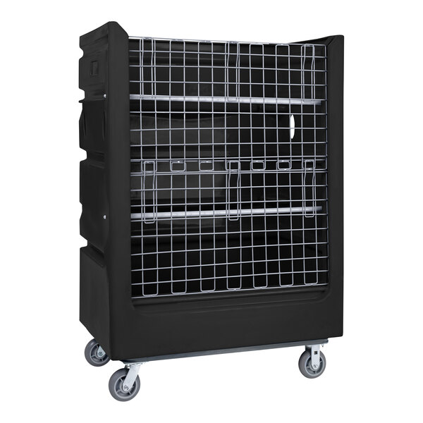 A black R&B Wire turnabout truck with metal mesh doors on wheels.