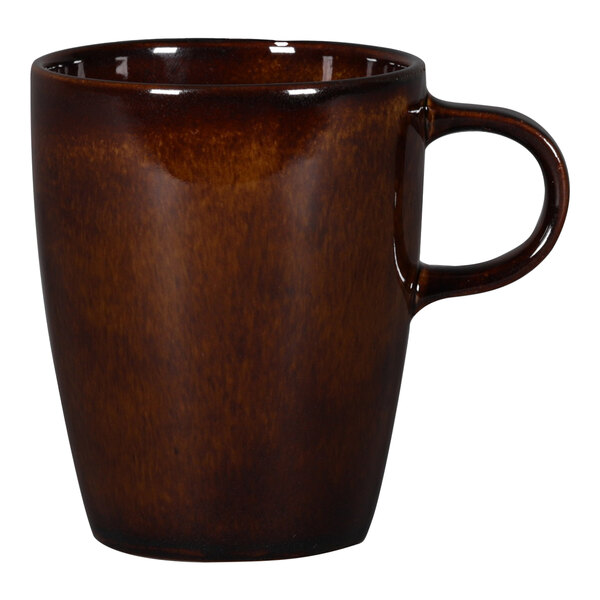 A brown RAK Porcelain coffee cup with a handle.