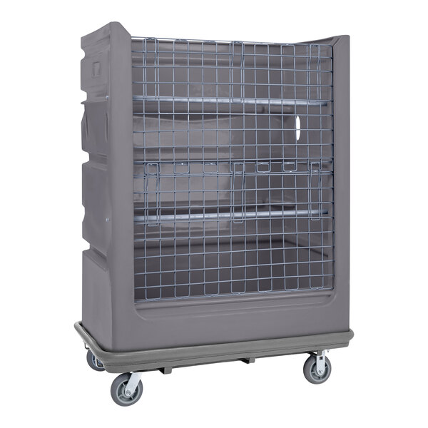 A grey polypropylene turnabout truck with a wire mesh door.