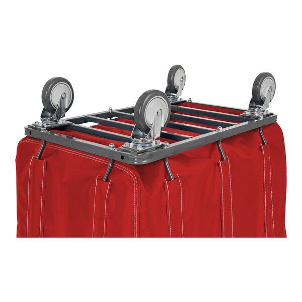 A red R&B Wire laundry cart with swivel casters.