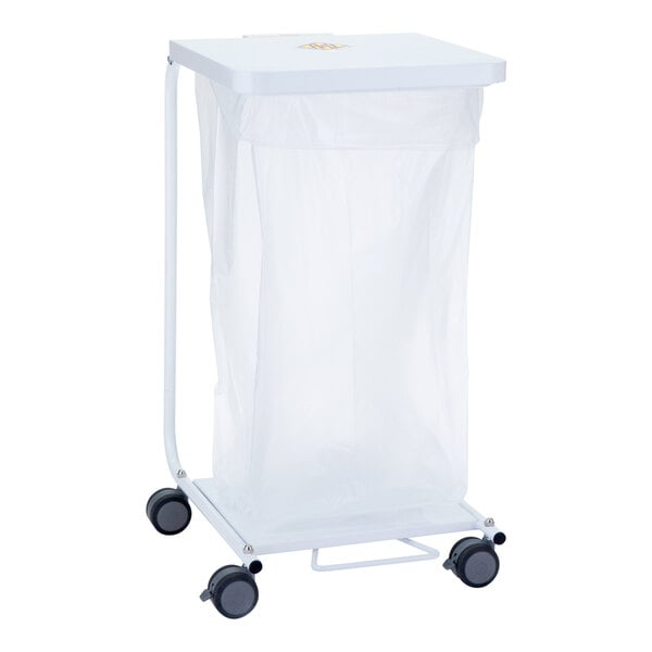 A white plastic bag on a white hamper stand with wheels.