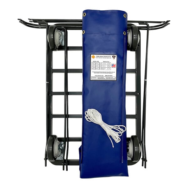 A blue basket truck with a white vinyl bag on a black metal frame with wheels.