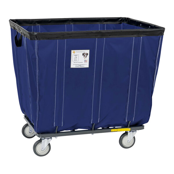 A blue vinyl basket truck with swivel casters.