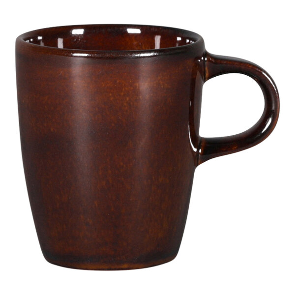 A brown RAK Porcelain espresso cup with a handle.