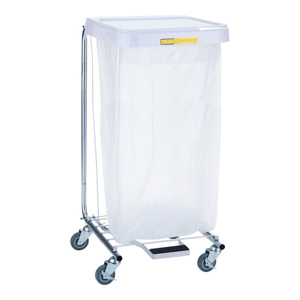 A white plastic hamper on a metal cart.