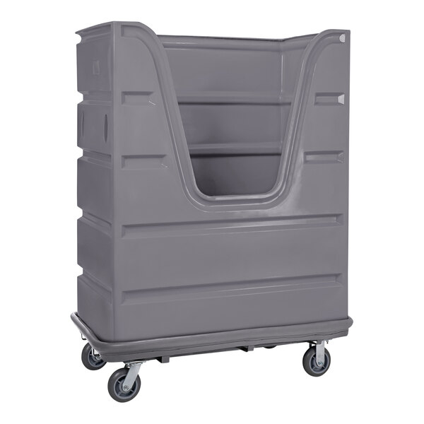 A grey plastic container on wheels.