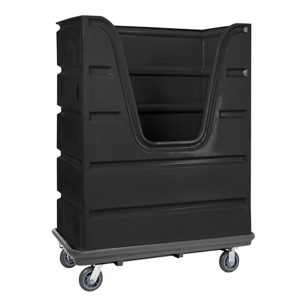 A black plastic container with wheels.