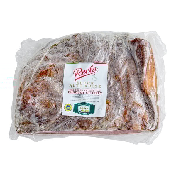 A vacuum-sealed package of Recla dry-cured smoked Speck Alto Adige ham weighing 4.5 pounds.