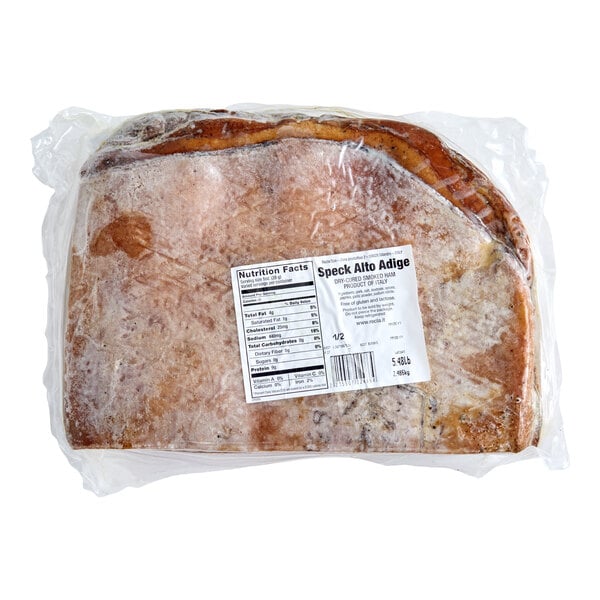 A vacuum-sealed package of dry-cured smoked Speck Alto Adige ham weighing 4.5 pounds.