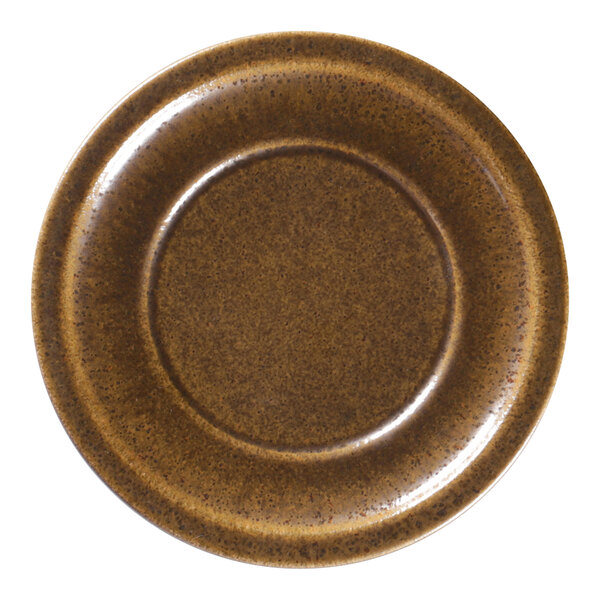 A brown porcelain plate with a brown rim and circle.