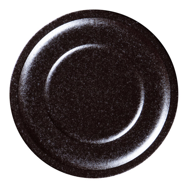 A black RAK Porcelain Forge flat porcelain plate with a rim and a circular design on a shiny surface.