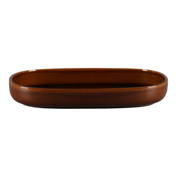 A brown oval RAK Porcelain ceramic plate with a rectangular shape and a handle.