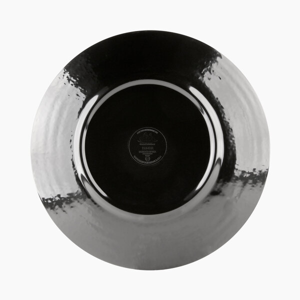 A black Elite Global Solutions round plate with a circular rim.