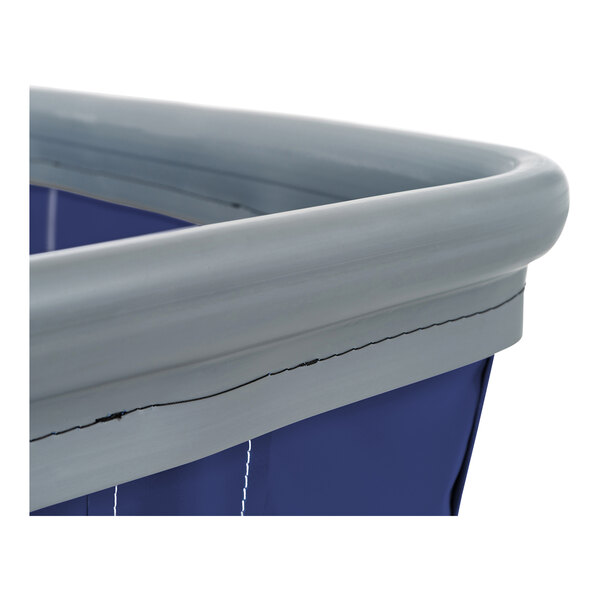 A navy blue vinyl basket on a laundry cart.