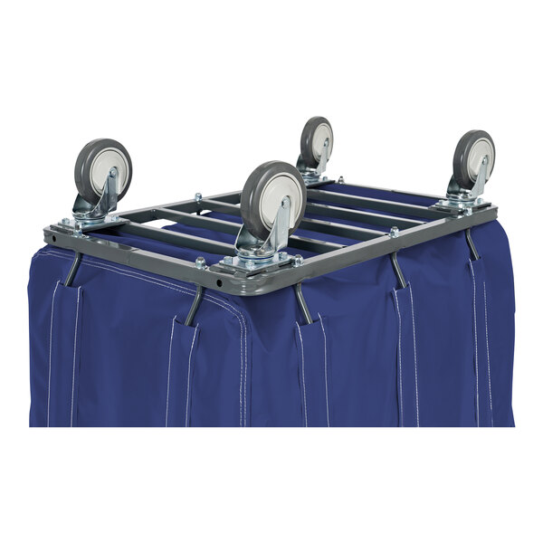 A navy blue container with wheels.