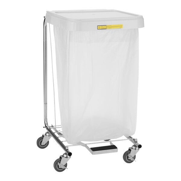 A white plastic hamper on a metal cart.