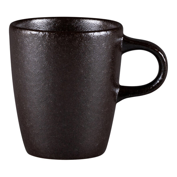 A black RAK Porcelain espresso cup with a handle.