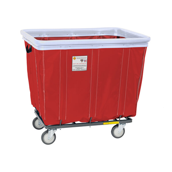 A red R&B Wire laundry basket truck with white antimicrobial sewn vinyl.